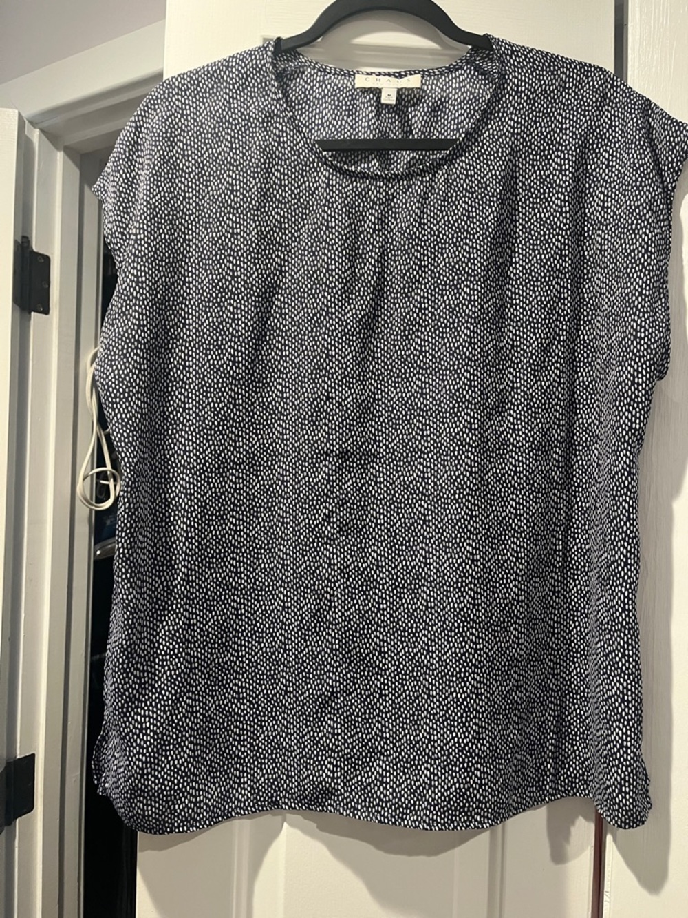 Chaus Navy and White Dot Cap-Sleeve Blouse size M